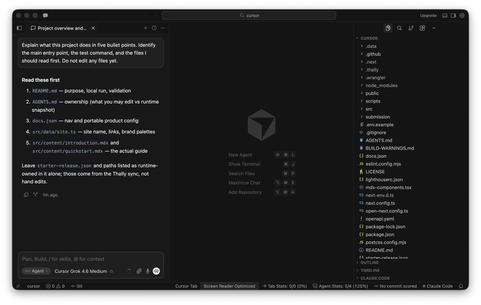 Cursor Agent answering an evidence-based project explanation prompt