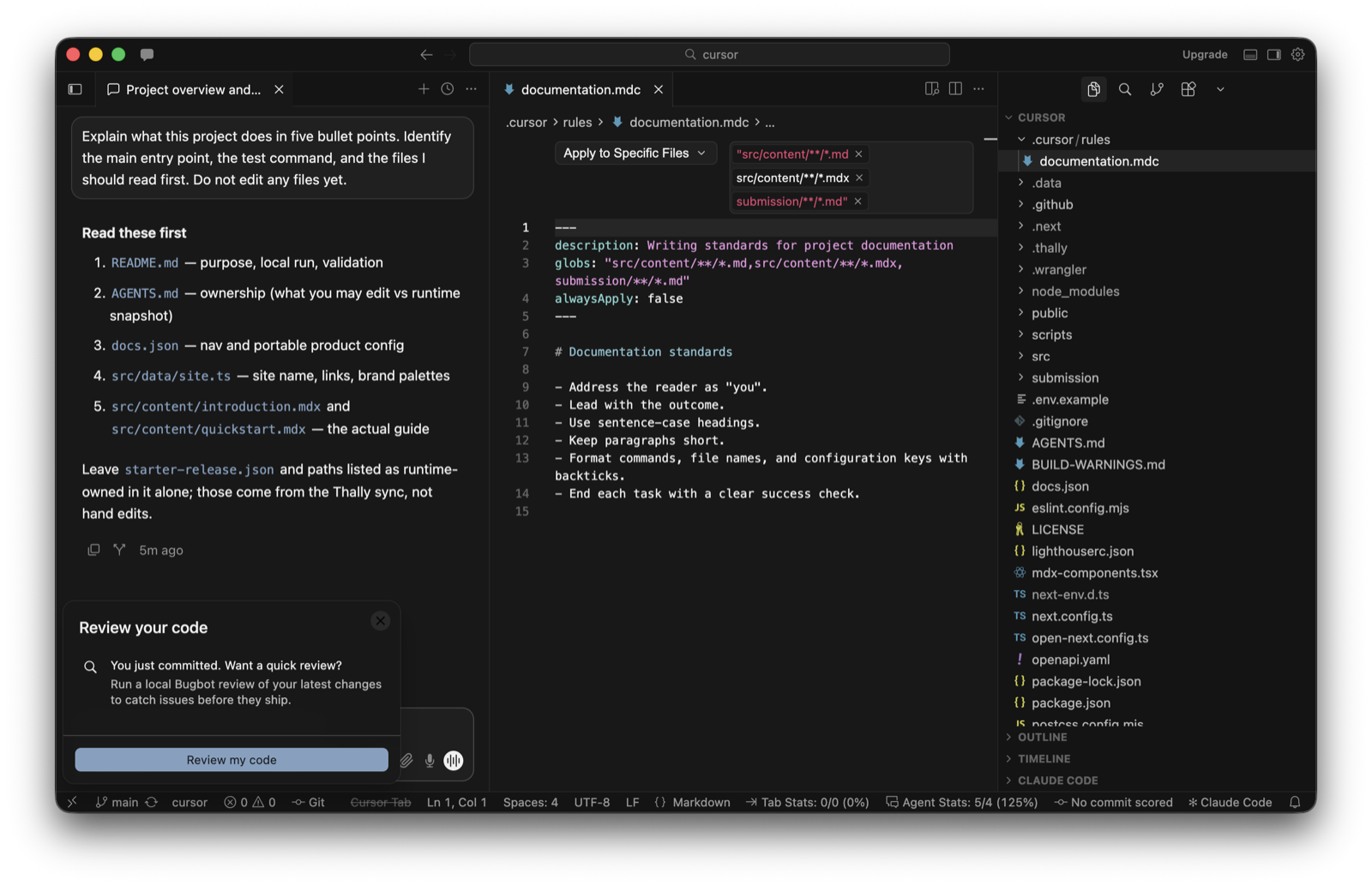 Cursor editor showing a documentation project rule and its matching file patterns