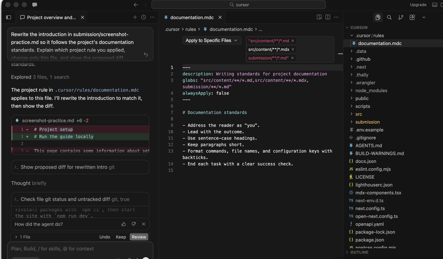 Cursor Agent applying a documentation rule beside a red and green proposed diff